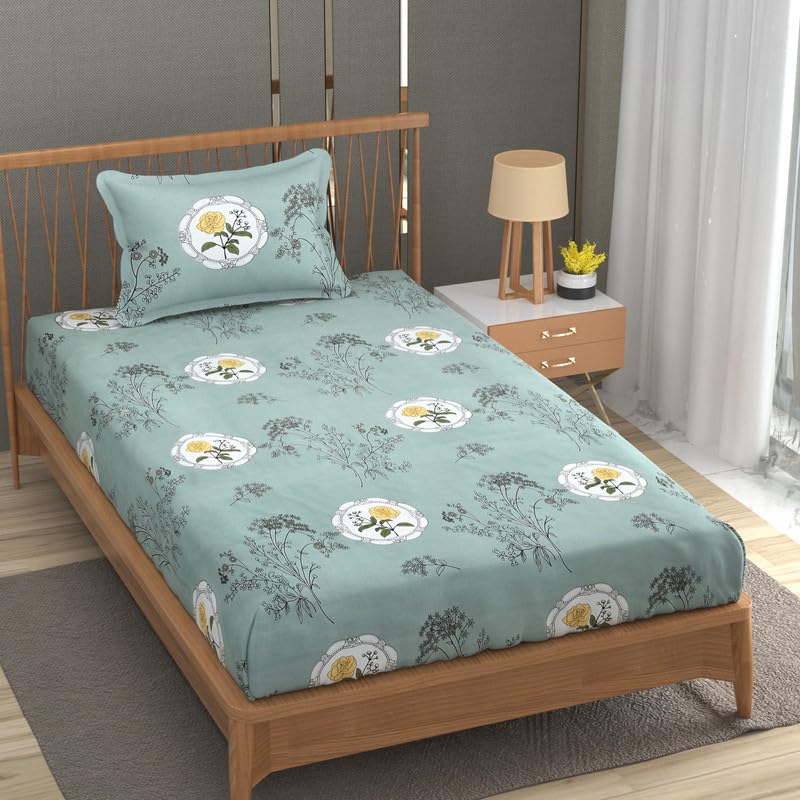 NEW LEAF Pure Cotton 180 to 220 tc Flat Single Bedsheets for Summer Breathable | Wrinklefree |Super Soft (Size-60 X 90 Inch) with 1 Pillow Covers (Size-17 X 27 Inches, Floral, Light Green)
