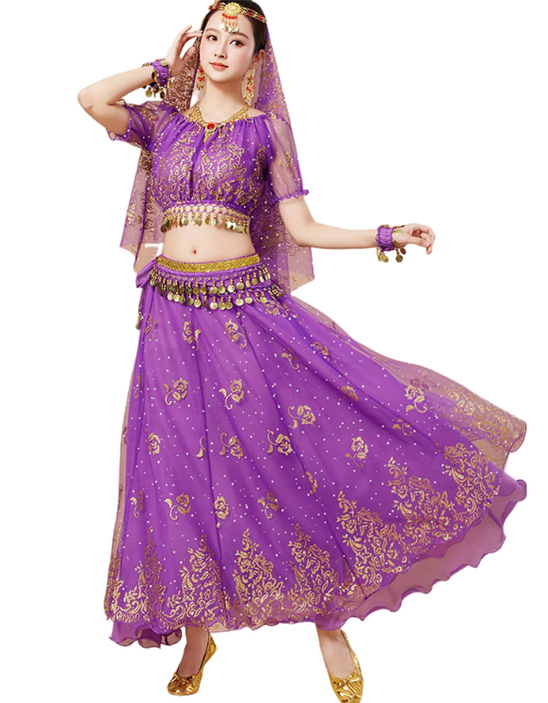 Women's Arabian Princess Costumes Belly Dance Dress Indian Dance Bollywood Jasmine Cosplay Party Fancy Outfit,Purple,XL
