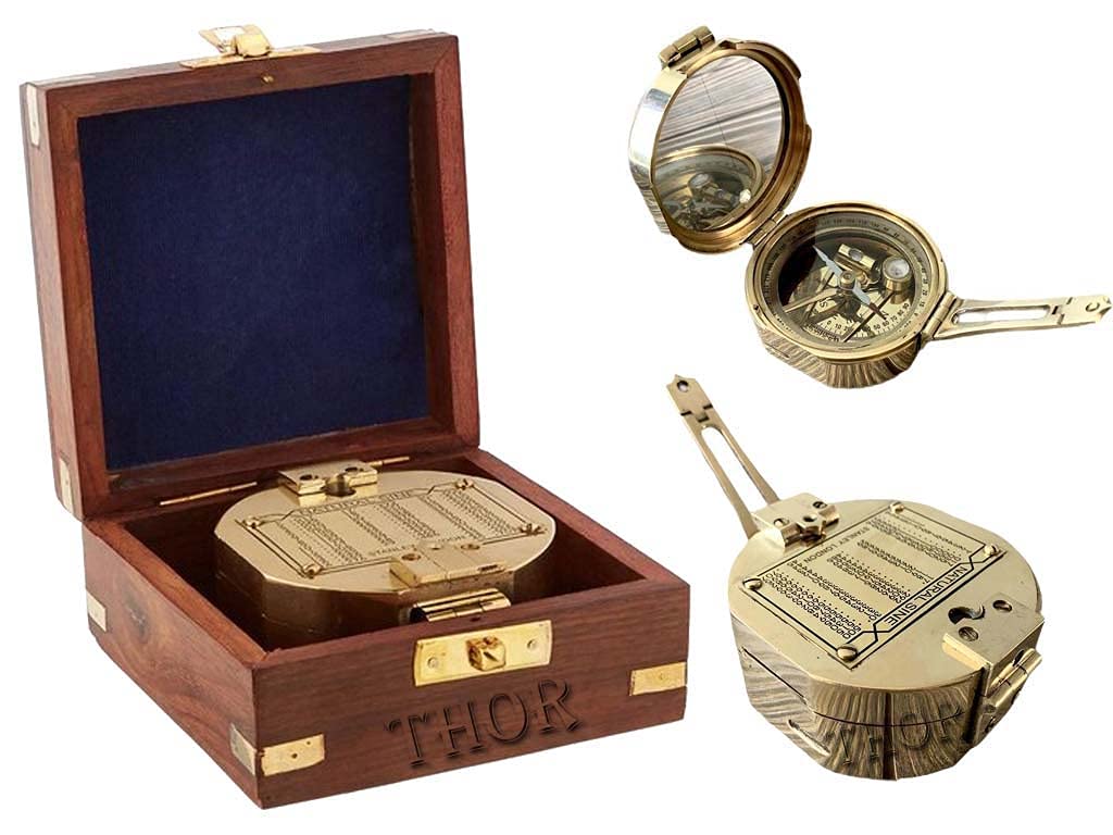 THOR INSTRUMENTS Brunton-Kompass aus Messing, mit Holzbox, magnetisch, zum Wandern, maritim, nautisches Geschenk
