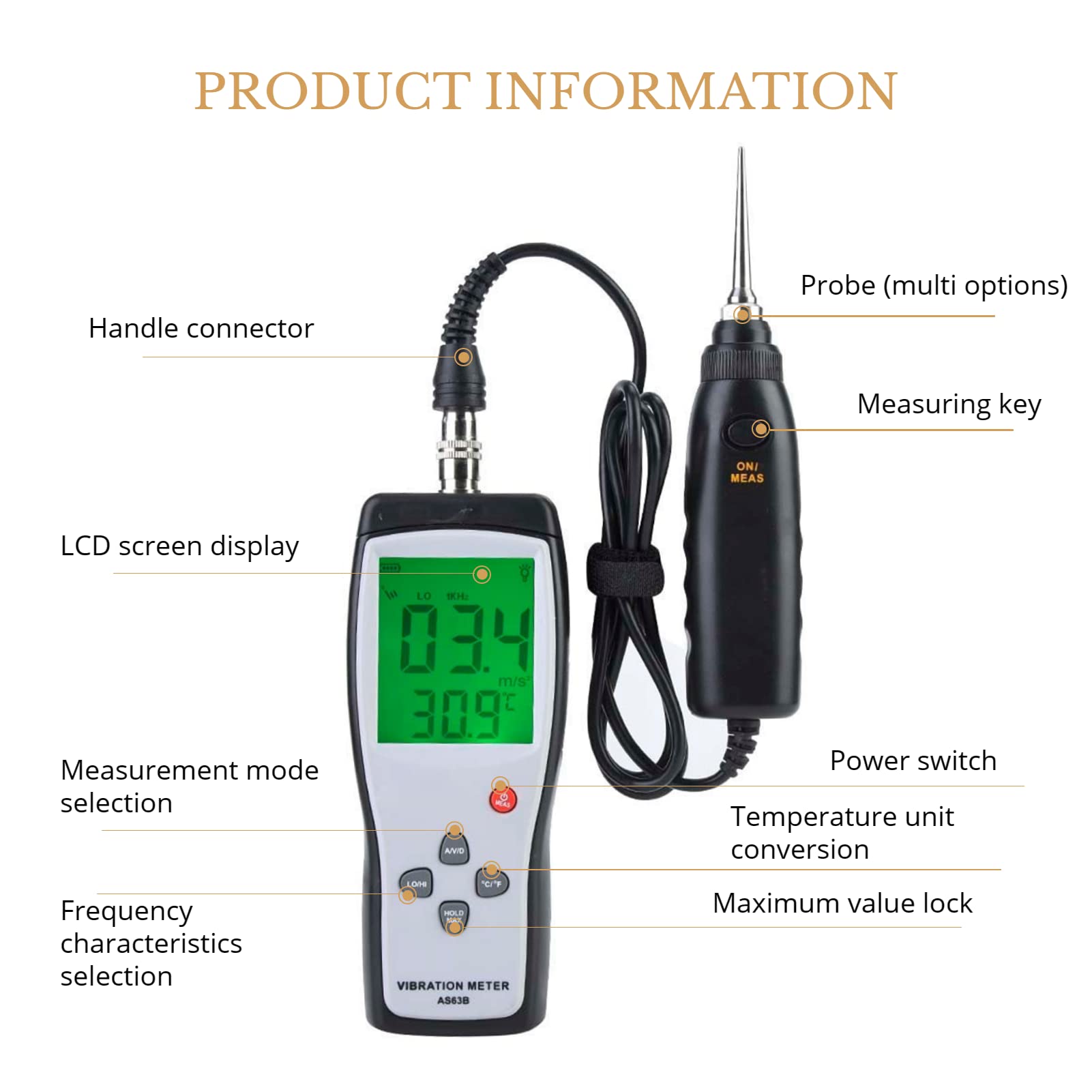 Tester di Vibrazione, Analizzatore di Vibrometro Portatile con Retroilluminazione del Display LCD AS63B, Misuratore di Vibrazione Digitale Vibrometro Ad Alta Sensibilità con Custodia