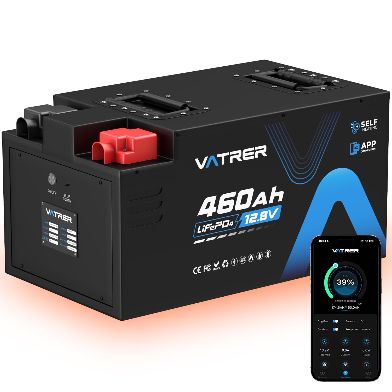 VATRER POWER 12V 460Ah Selbstaufheizende LiFePO4 RV- & Wohnmobil-Batterie, APP-Überwachung, integriertes 300A BMS, 5888 Wh nutzbare Energie, über 5000 Zyklen – Ideal für RV und Wohnmobil