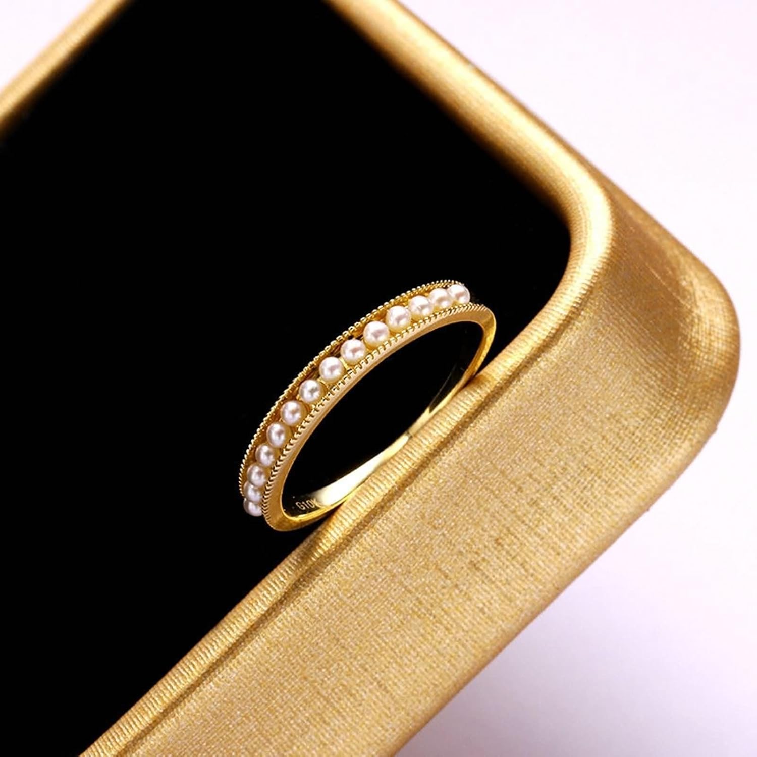 9K/14K/18K Ring Gold Women Ring, Round with Pearls, Yellow Gold Ring Band Women Rings