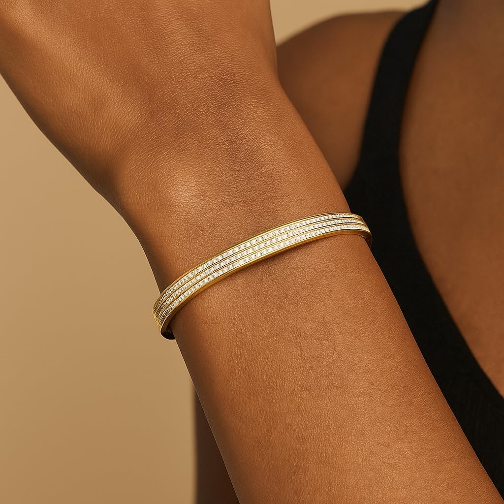 Dainty Crystal Accent Cubic Zirconia Bangle Bracelet for Women | Elegant Gold Plated Adjustable Cuff Jewelry Gift - Image 3
