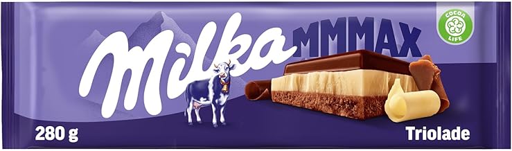 Milka MMMAX Triolade Large Tablet of 3 Chocolates: White, Chocolate with Milk of the Alps and Chocolate with Extra Cocoa, 280 g