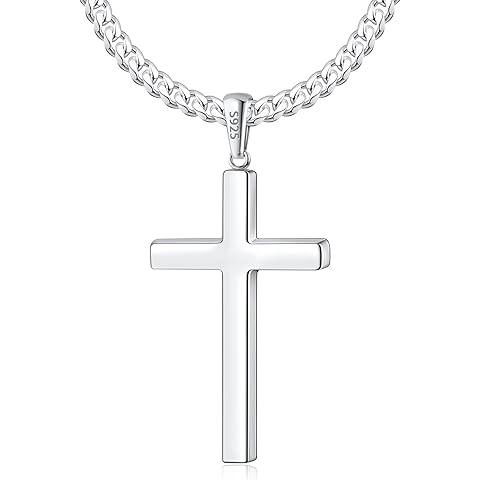 Eterjew S925 Sterling Silver Cross Necklace for Men, 18k Gold Plated and Sterling Silver Cross Necklace with World-class Craft 4mm Cuban Link Chain for Men Boys Women, Durable, Colorfast 16-26 Inch
