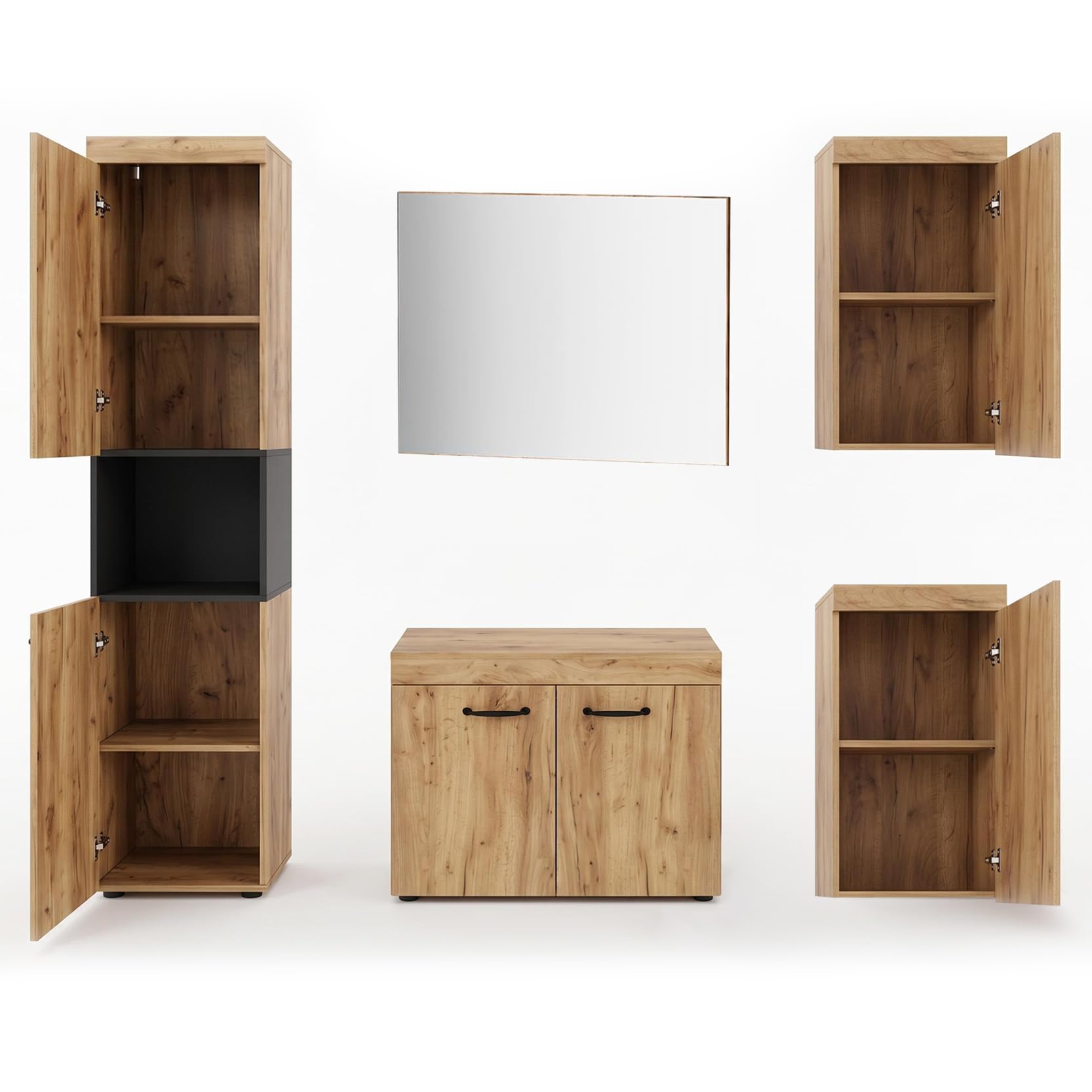 HAUSPROFI 5-teiliges Garderobenset, Flurgarderobe mit Spiegel, Doppeltür-Schuhschrank, Langer Schuhbank, Kleiderschrank und Stauraumschränken, Holzoptik, für Flur und Bad