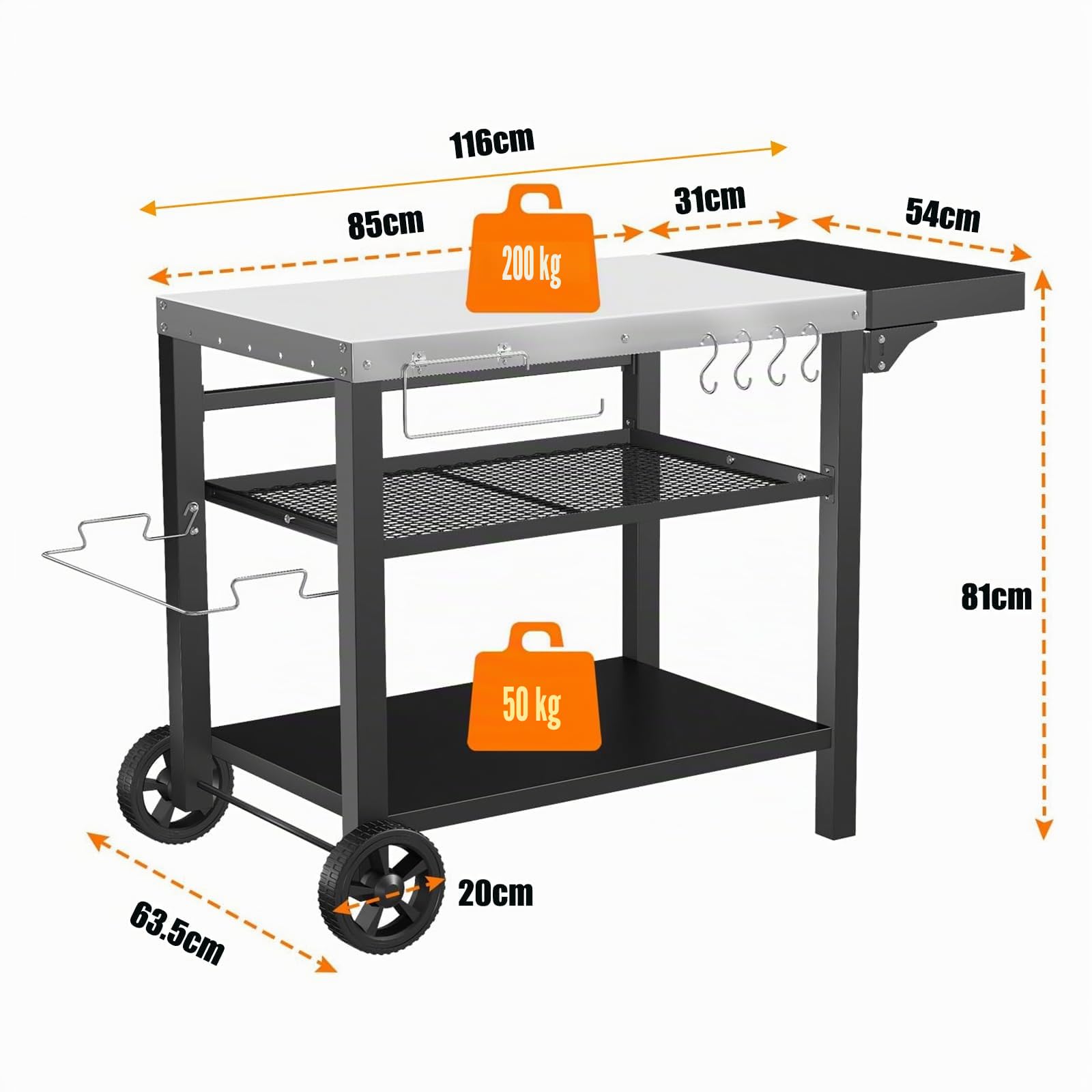 GFTIME Tavolo da Barbecue in Acciaio Inox Con 3 Piani, Supporto per Pizza, Carrello da Lavoro Con 4 Ganci per Esterni, Tavolino da Servizio, 116 x