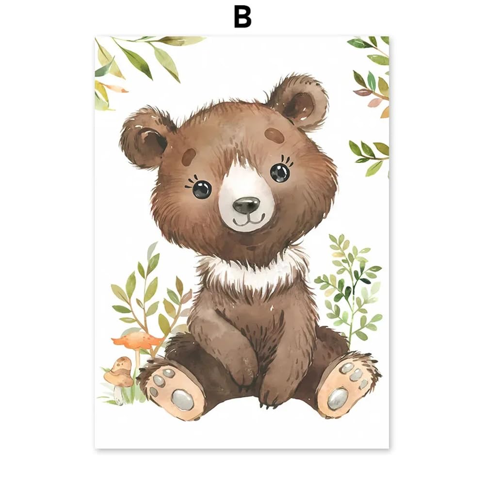 Youihom 6 Quadro Animali Bosco Quadretti Personalizzati Bimba Poster con Lettere del Nome Bambini Stampe Cameretta Neonato Volpe Orso Scoiattolo Cervo Marrone Verde Quadri Tela 21x30 senza Cornice