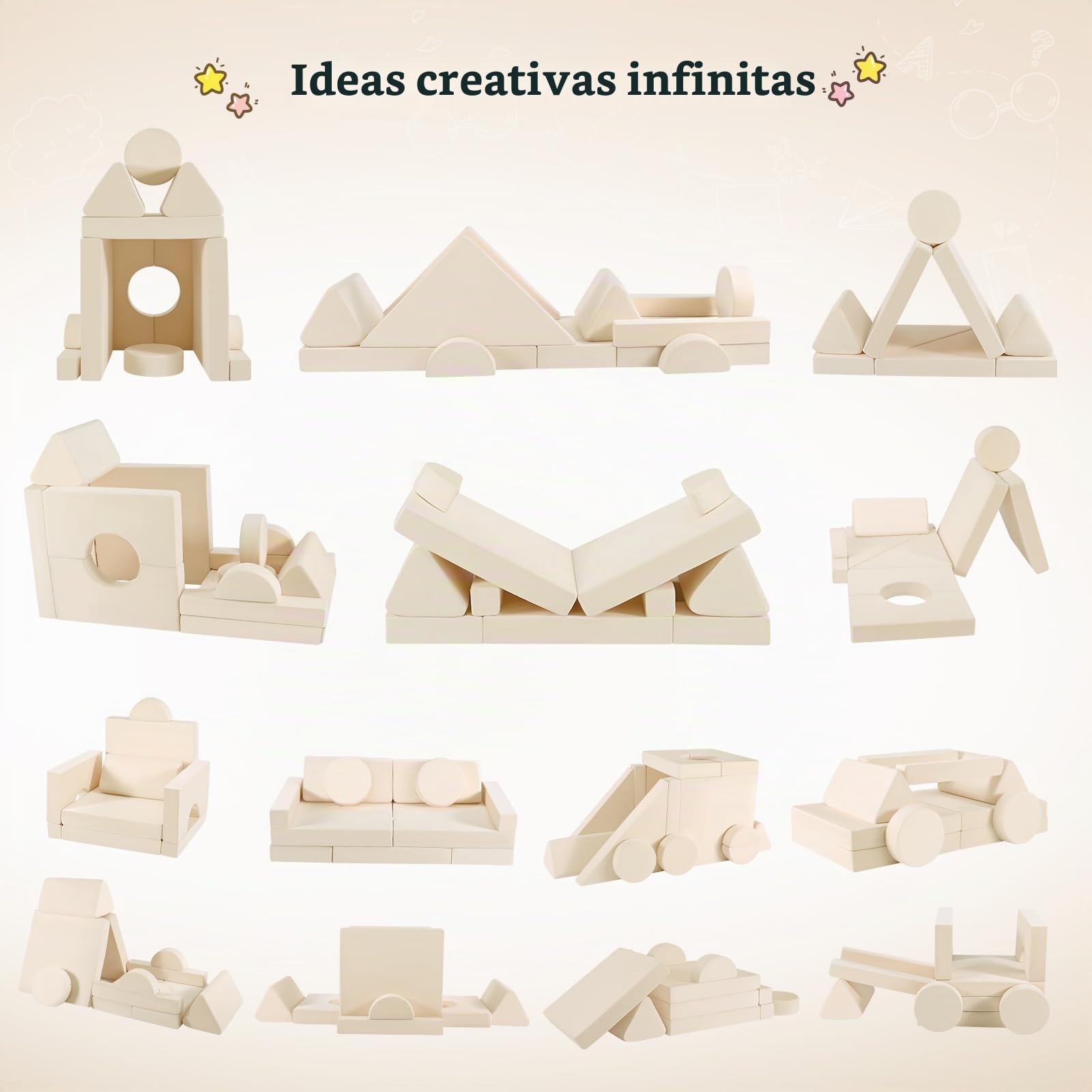Sofá para niños CUPCHID, sofá modular de juego, sofá para niños, muebles para dormitorio y sala de juegos para niños pequeños, espuma convertible (Set de 14 - Beige)