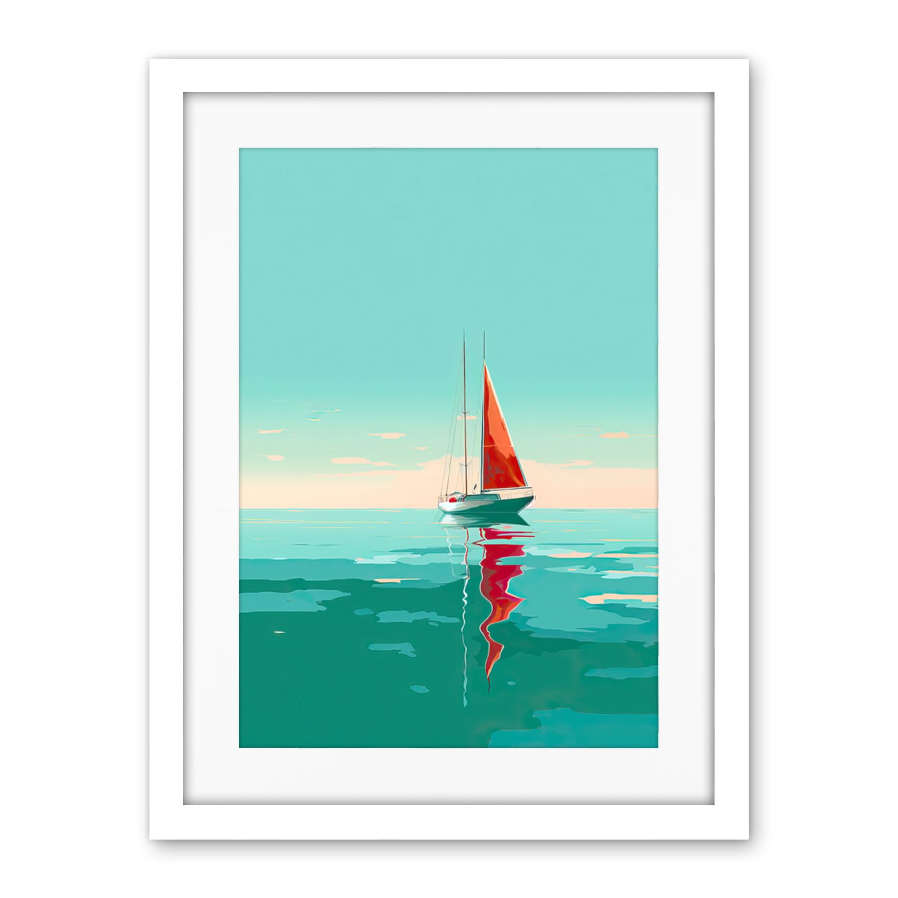 Artery8 A Sailboat with a Red Sail Sailing on a Calm Sea Artwork Framed Wall Art Print 18X24 Inch