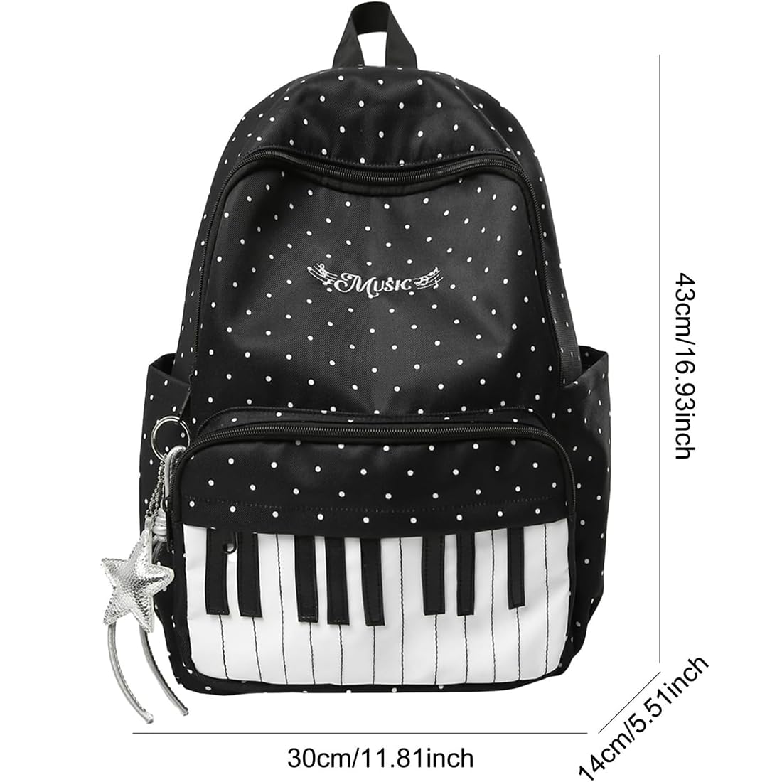 Klavier-Rucksack für Damen und Mädchen, Nylon-Schulrucksack mit Punkten und Anhänger für Schule, Studium, Reisen und Alltag (Black-B)
