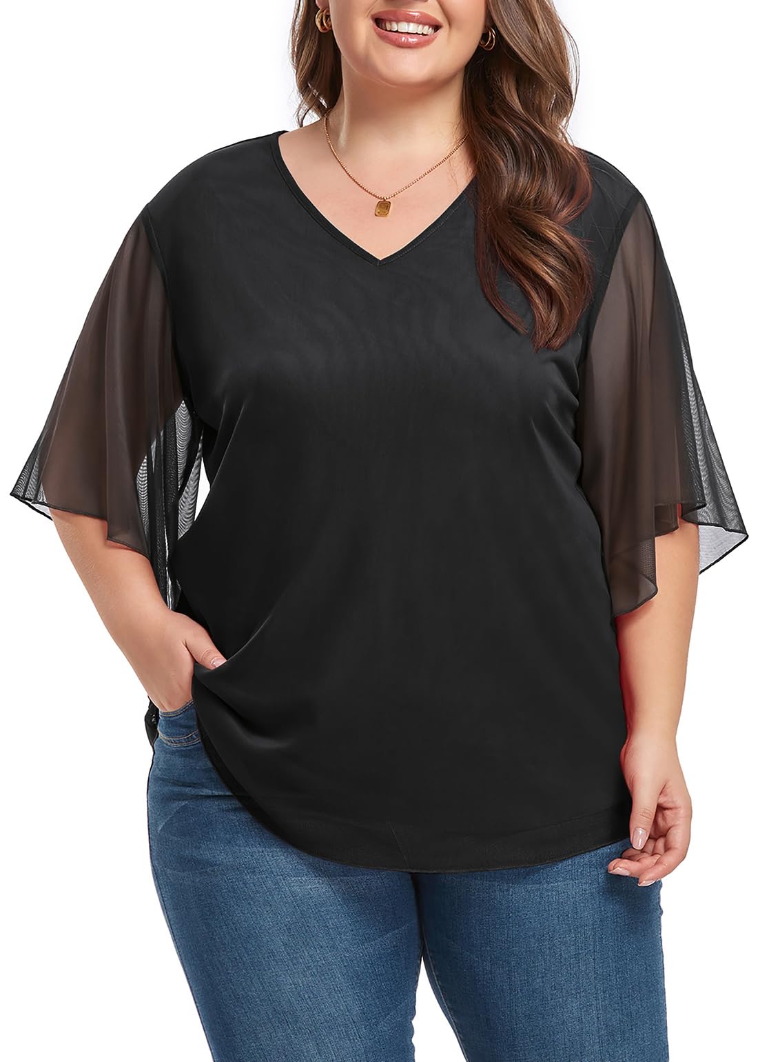 OLRIK Women's Plus Size Tops V Neck Ruffle 3/4 Sleeve Shirts Double Layers Mesh Shirts Loose Fit Flowy Blouses