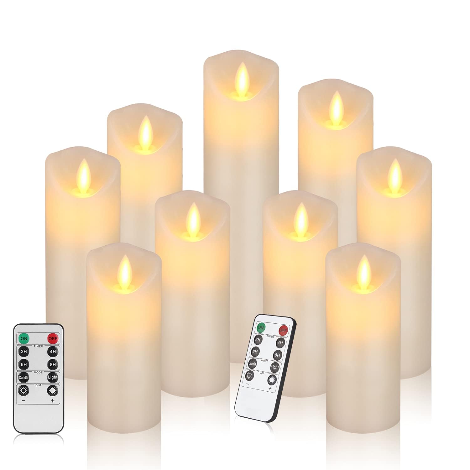 LTETTES Set of 9 Flameless LED Pillar Candles | Battery Operated | Remote | Flickering Wick | Ivory | D2.2 x H5,6",7",8" | Home Decor | Wedding | Birthday | Festival | Safe & Smokeless