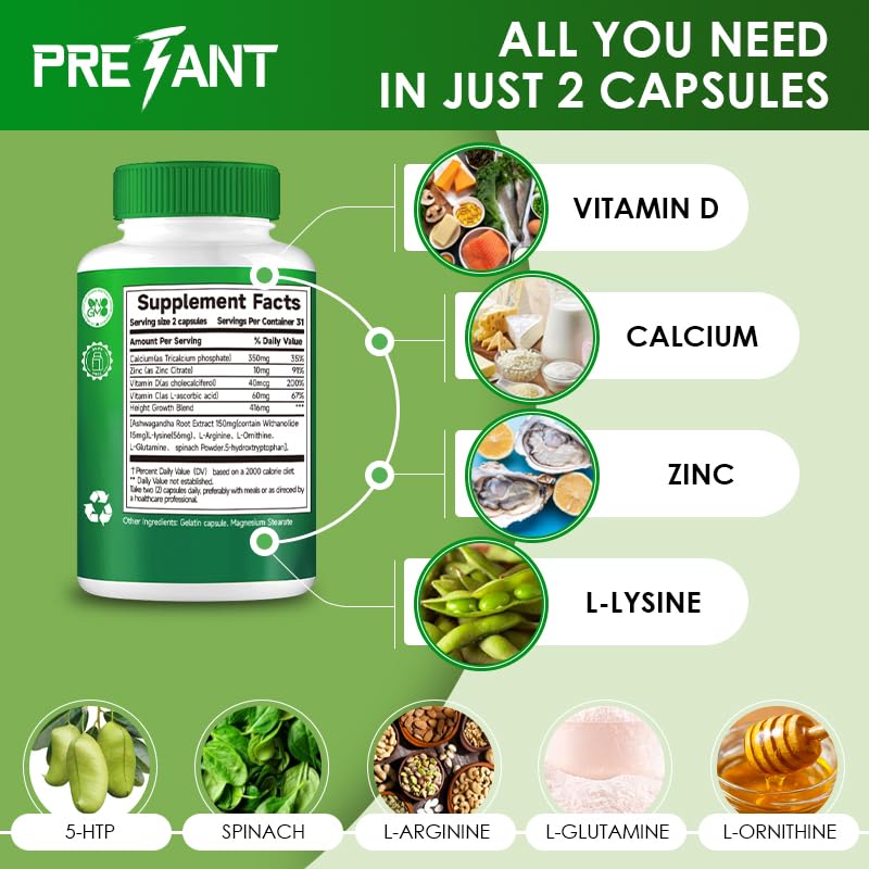 PRETANT-Growth Capsules to Grow Taller - Height Increase Maximizer with Calcium for Bone Strength -Natural Get Taller Supplement - Dietary Edible Healthcare Fitness