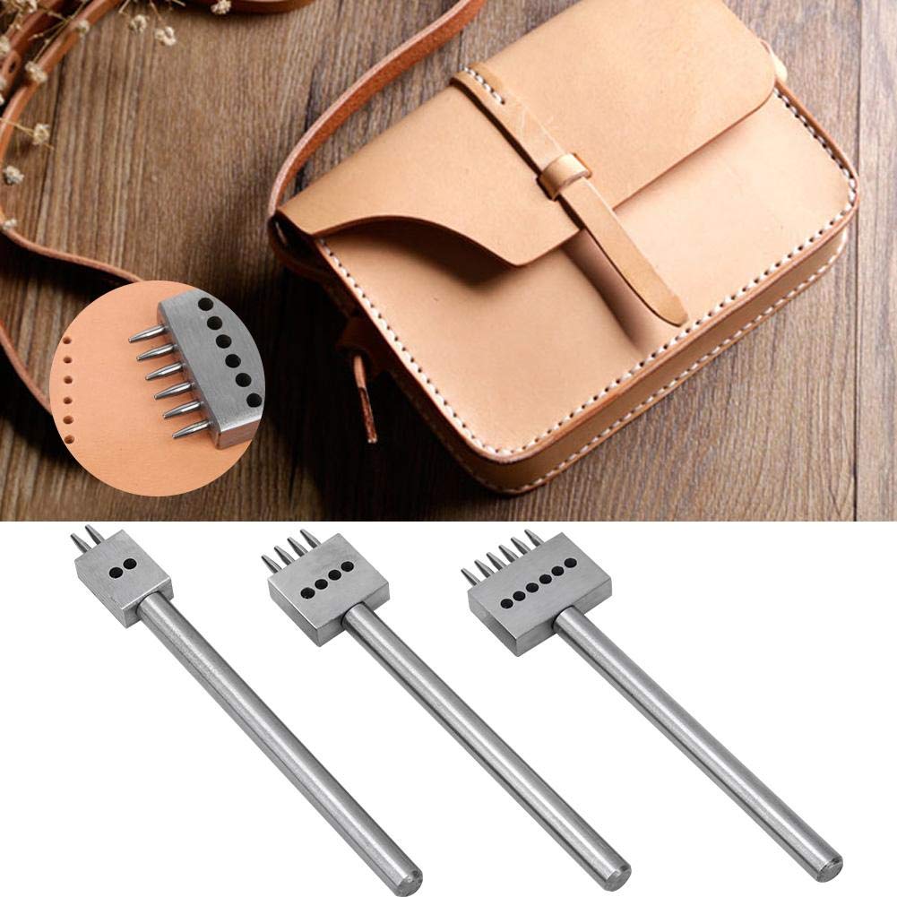 MAGT Herramienta de perforación de Cuero, 3Pcs Prong Chisel Silver Tool Steel 2/4/6 Prongs DIY Hand-Made Leather Hole Puncher(5MM)