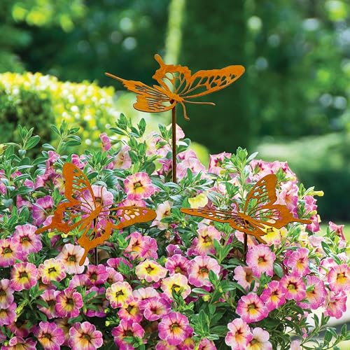 3 Pcs Rusty Metal Butterfly Garden Stakes - Rustic Outdoor Decor for Plant Pot, Lawns, Patio & Outdoor | Vintage Decorative Butterfly Garden Stakes for Patio Yard Porch Backyard Outdoor Décor