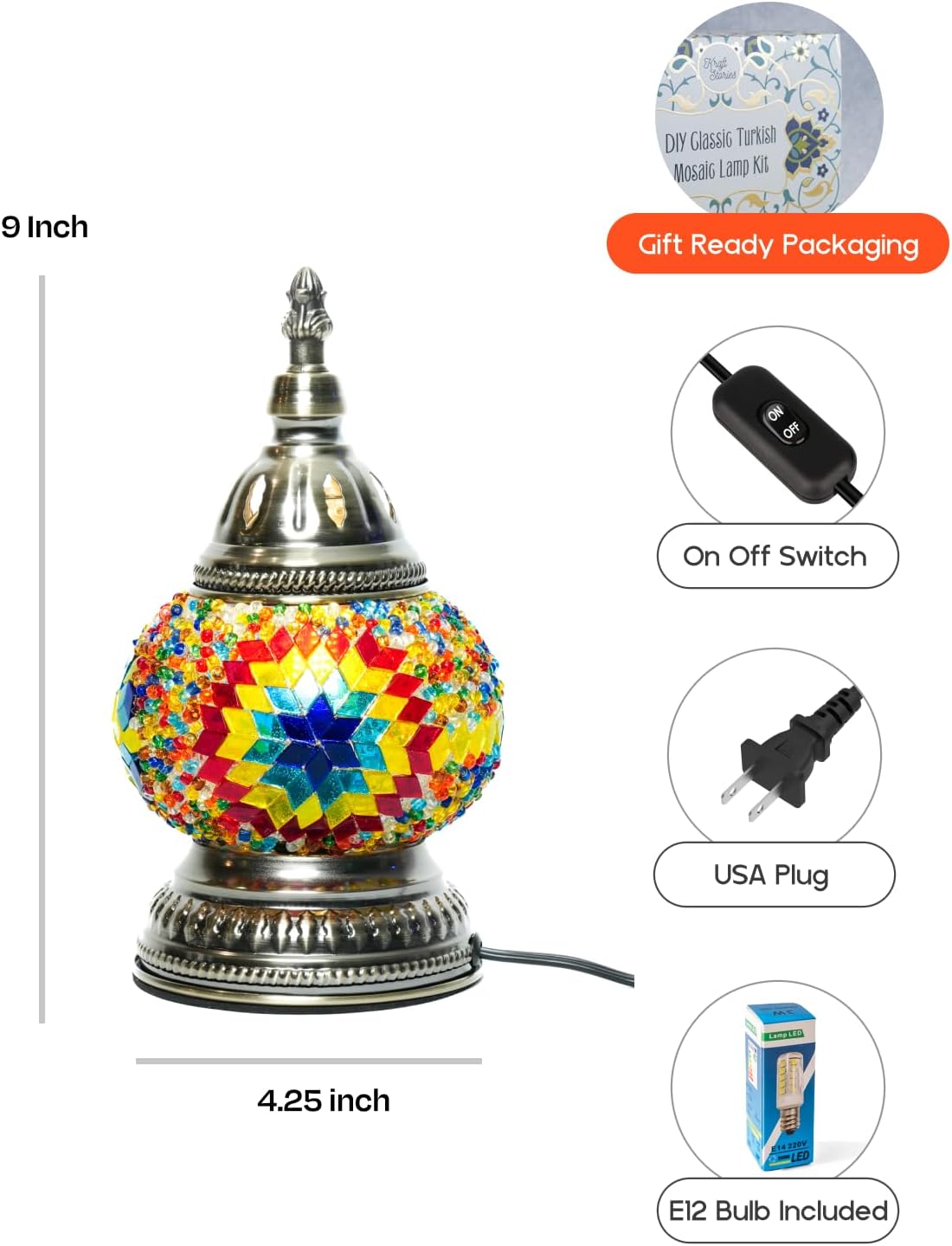 KRAFTSTORIES DIY Turkish Mosaic Lamp Kit – Create Your Own Colorful Glass Table Lamp | Handmade Arts & Crafts Kit for Adults | Moroccan Boho Unique Gift Idea, Includes All Materials (Multicolor)