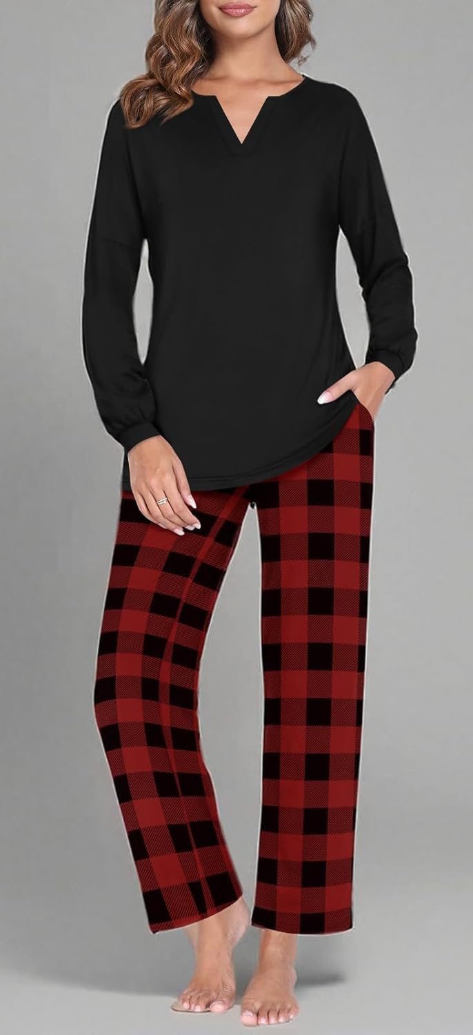 Anyally Women's Plus Size Pajama Sets Ladies Fall Pjs 2 Pieces Lounge Outfits V Neck Long Sleeves Sleepwear with Pockets - Image 7