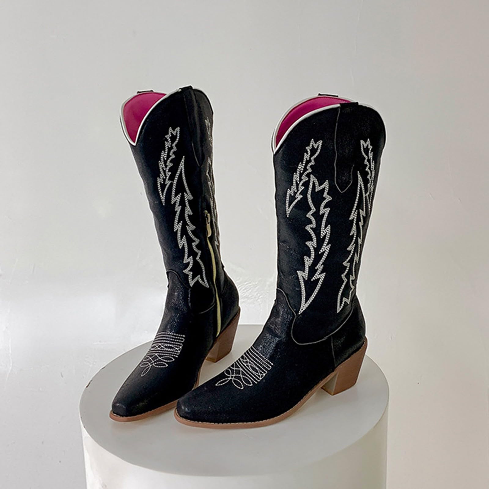Stivali da cowboy da donna, vestibilità larga, tacco medio, retrò, a punta, stile country, stile casual, ricamati in stile country, stivali classici da donna, in pelle, per feste e balli
