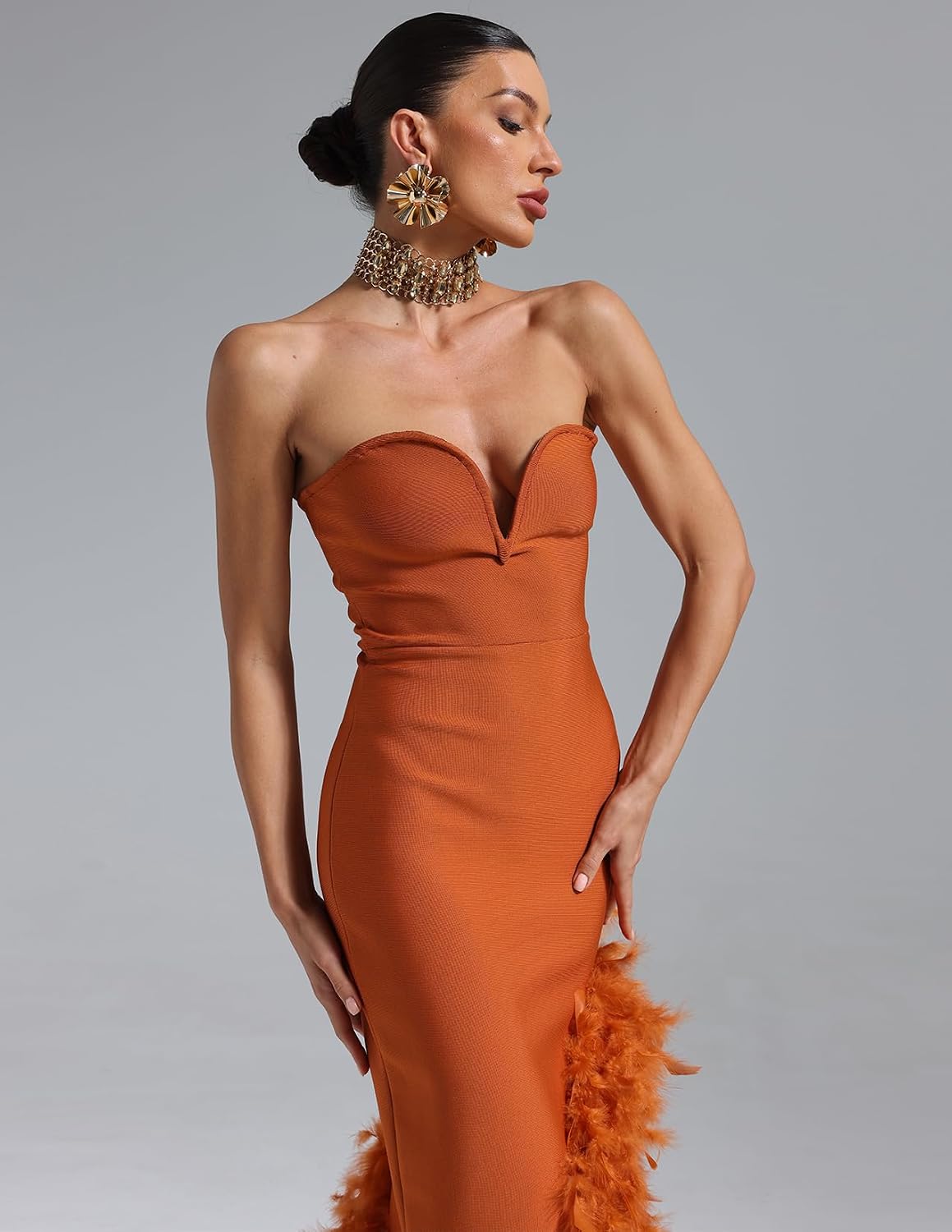 Maxi Slit Bandage Dress Elegent Feather Dress Sexy Strapless Dress Chic Corset Dress