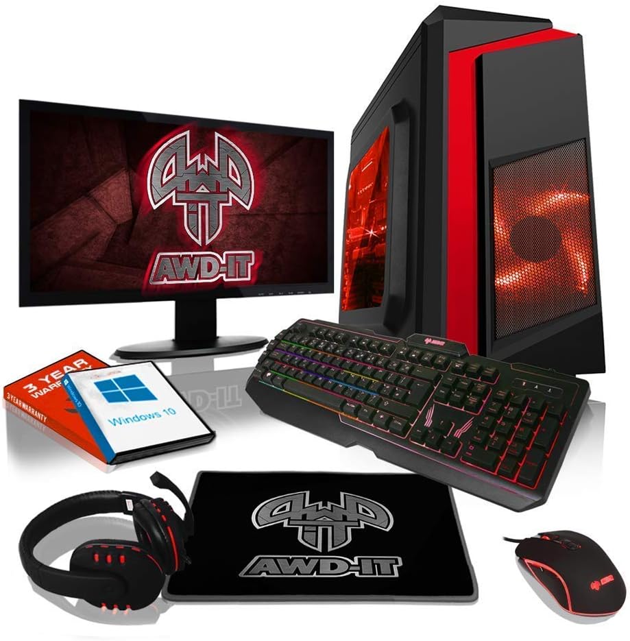 ADMI Gaming PC Package: AMD Ryzen 3 3200G Quad Core Vega 8 Graphics, 1TB HDD, 16GB RAM, F3 Red Case, 300mbps WiFi, Windows 10, RGB Keyboard/Mouse/Mouse Mat/Headset & 24" LED 1080P Monitor