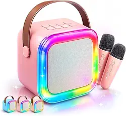 Mini Karaokê Infantil Portátil com 2 Microfones, Caixa de Som Bluetooth para Crianças, Modos de Voz Divertidos, Luz LED RGB, Brinquedo Musical Ideal para Presente