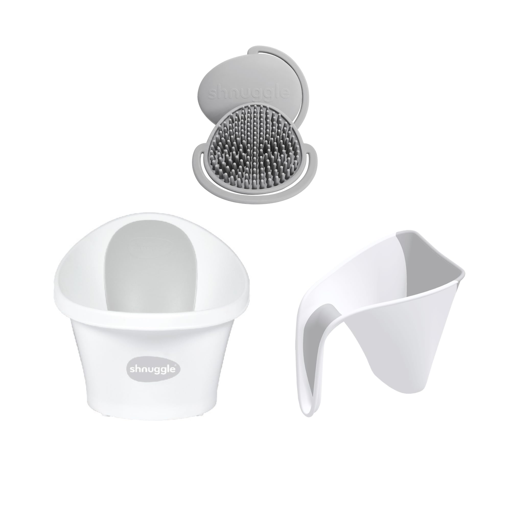 Shnuggle Newborn Baby Bath Starter Bundle | The Perfect Baby Bath Partnership | Baby Bath, Rinse Jug & Bath Brush | White/Grey