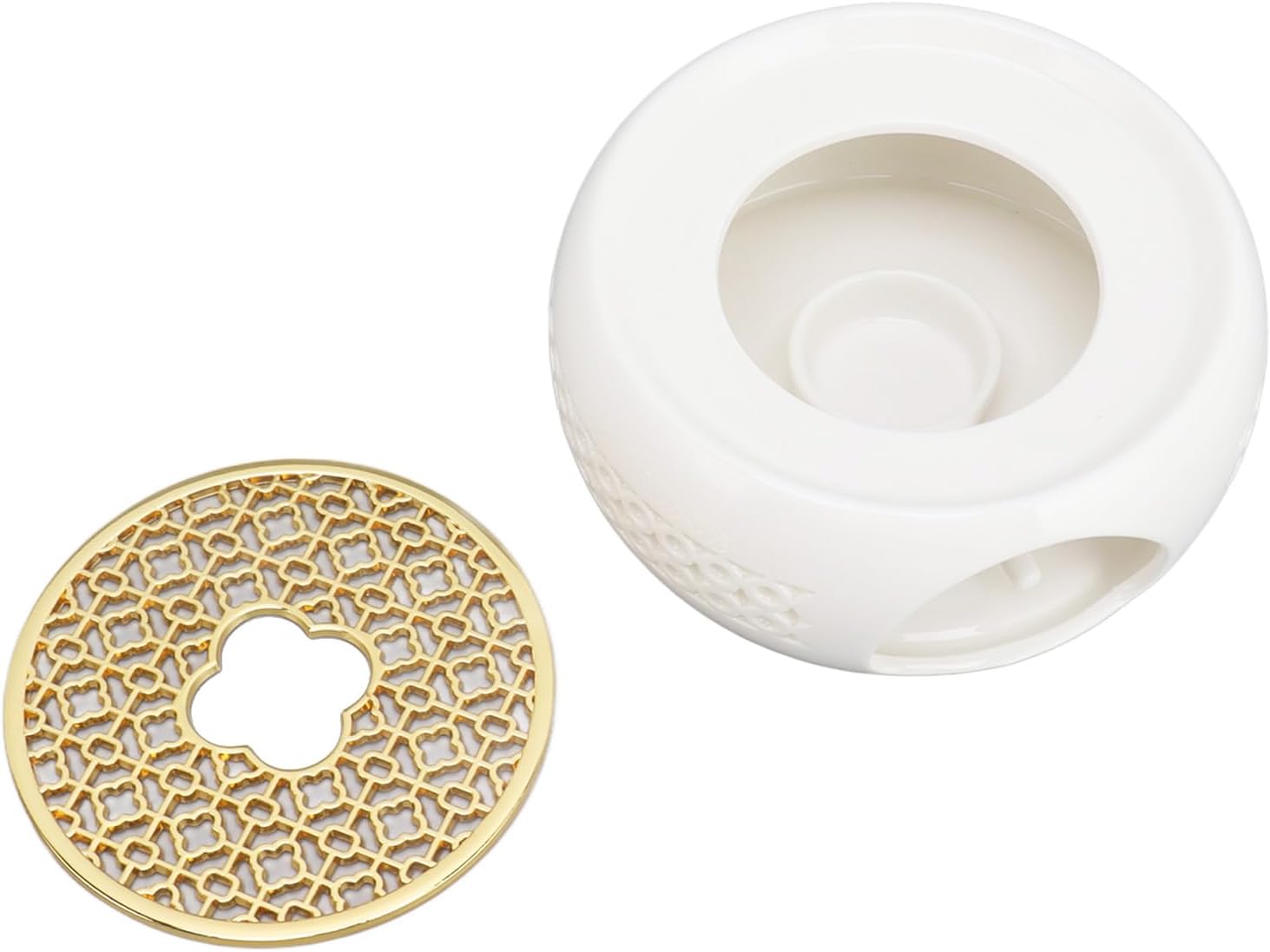 Porcelain Teapot Warmer Base with Alloy Cushion, Hollow Frame, Round Shape, 15cm Diameter - Durable Heat Design, Candle Holder for Tea and Coffee
