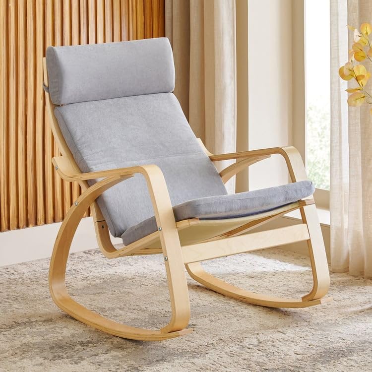 Image of Home Centre | Paulo Fabric Rocking Chair | Solid Wood | Grey | 1 Year Warranty
