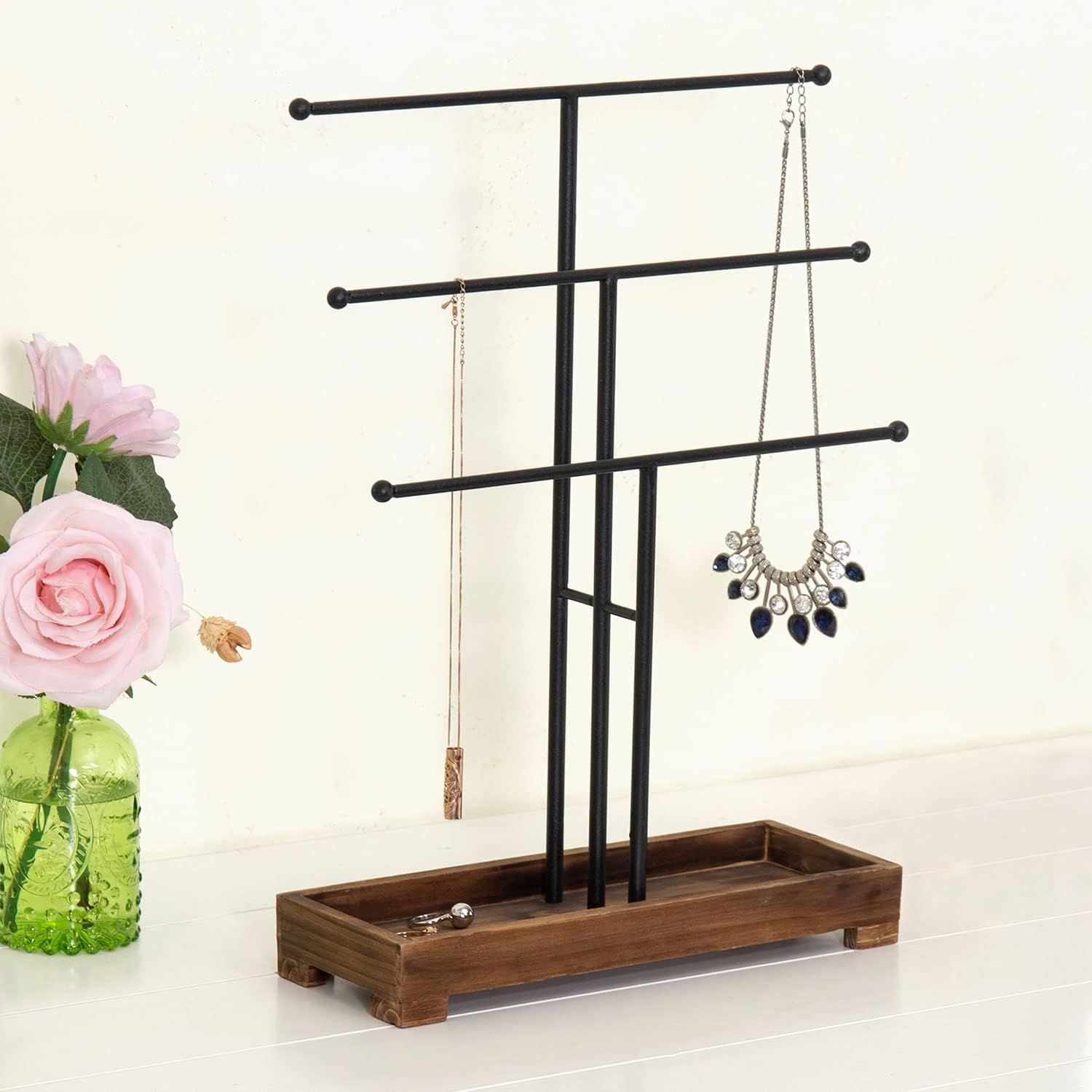 MyGift 3-Tier Black Metal T-Bar Jewelry Organizer Stand, Necklace and Bracelet Hanging Display with Brown Wood Ring Tray - Image 3