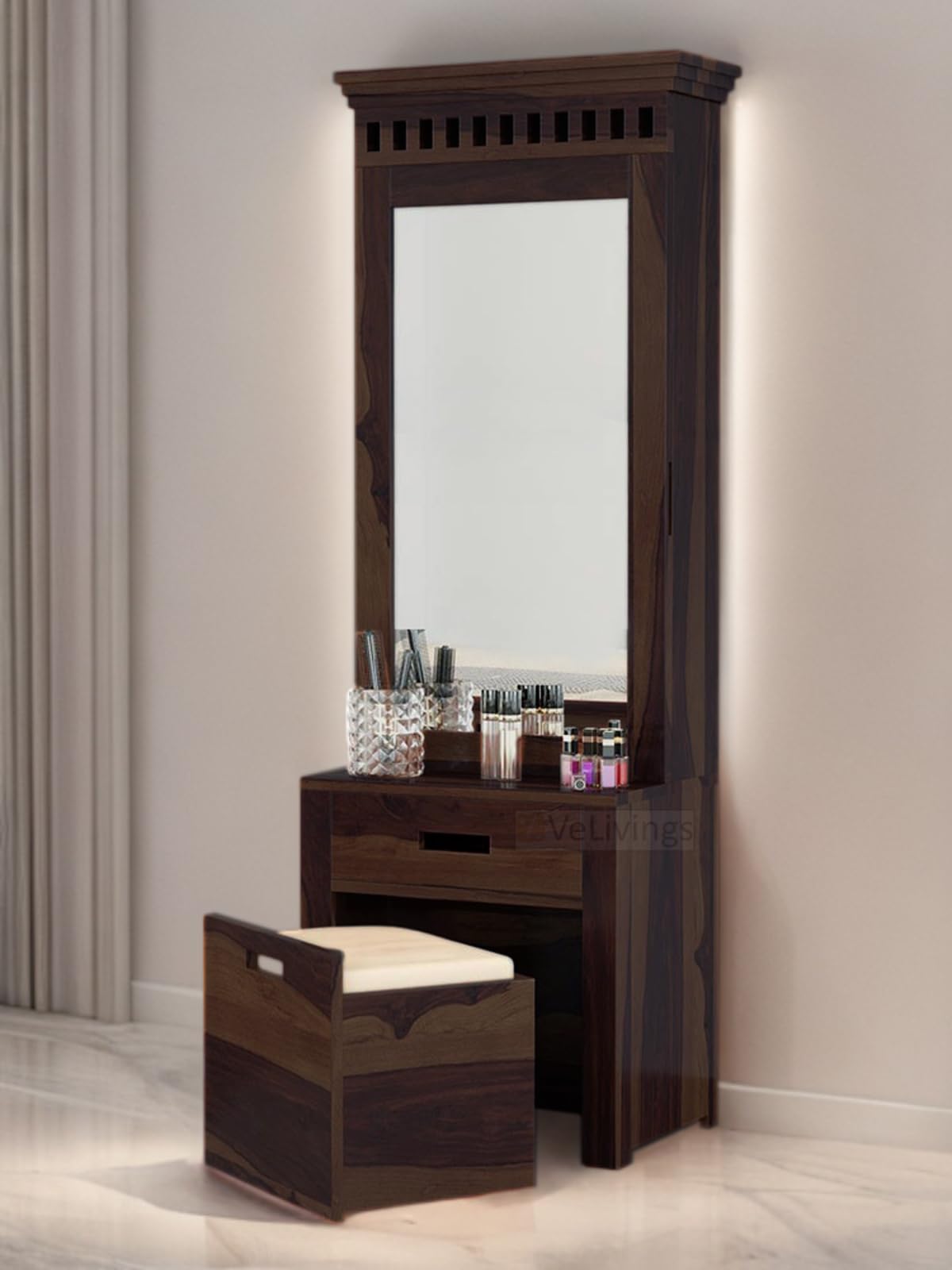 Solid Wood Wooden Dressing Table for Bedroom with Drawer, Mirror and Large Storage Space with Stool | Long Dresser Table with Mirror (Walnut Finish)-image-32