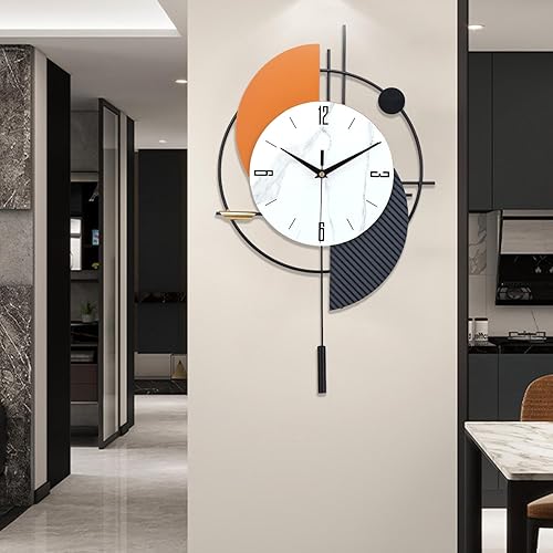 FILLOVE Reloj de pared decorativo grande con péndulo para sala de estar, manecillas de metal, esfera blanca con acento naranja, reloj de pared de