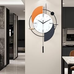 FILLOVE Large Decorative Wall Clock with Pendulum for Living Room, Metal Hands, Orange Accent White