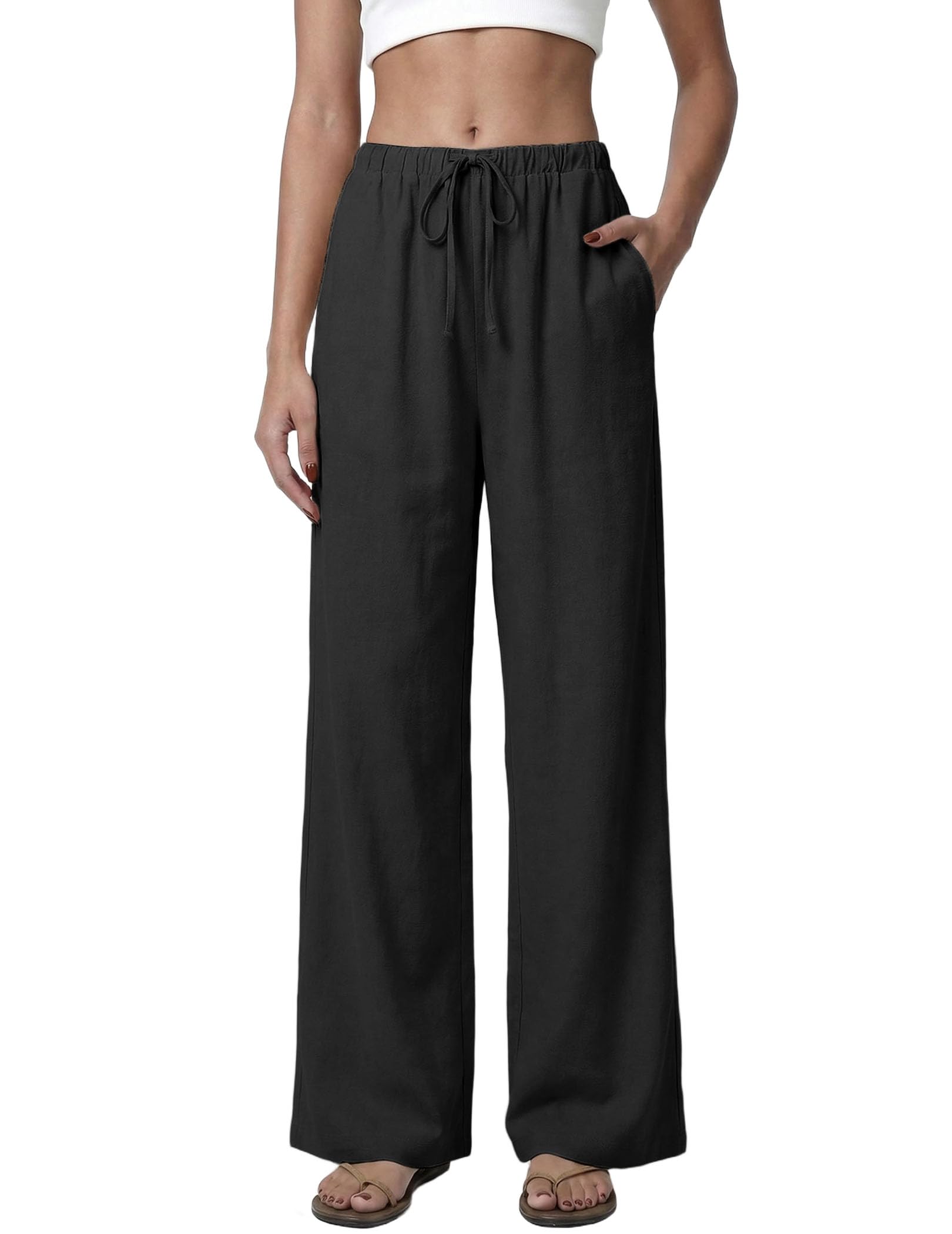 Womens Summer Linen Wide Leg Pants Flowy Casual Beach Vacation Pants with Pockets Loose Fit Beach Trousers