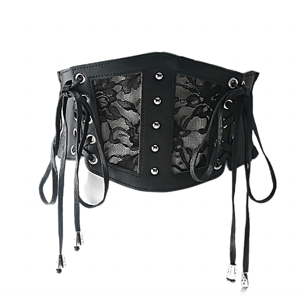 Women's Black/B Waistband Lace-Up Cinch Belt Tied Corset Elastic Lace Waist Belt ()