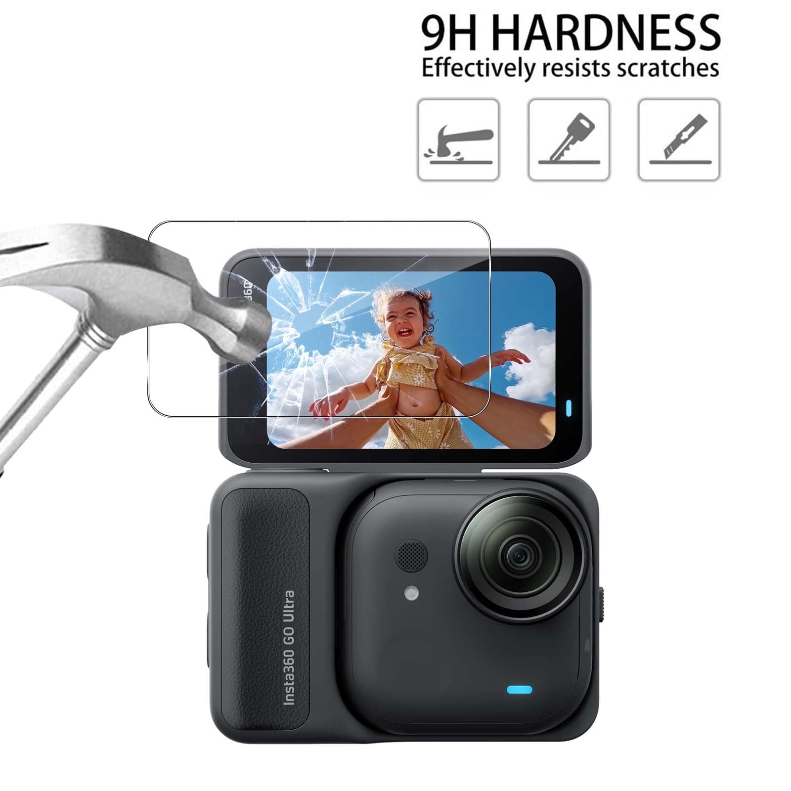 QULLOO Pellicola Vetro Protettiva per Insta360 GO Ultra, Durezza 9H Anti-graffio HD Vetro Temperato Fotocamera Protezione [3 Pezzi]
