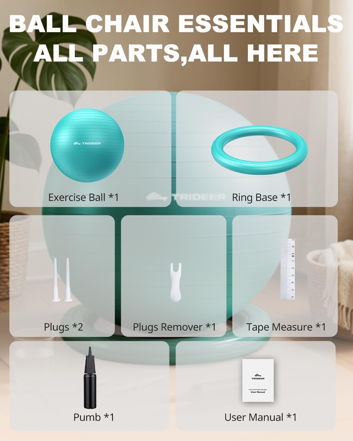 Trideer Exercise Ball for Office Desk, Yoga Ball Chair to Relieve Back Pain, Stability & Fitness Ball Seat with Base, Home Gym Core Workout, Abs, Stretching & Therapy