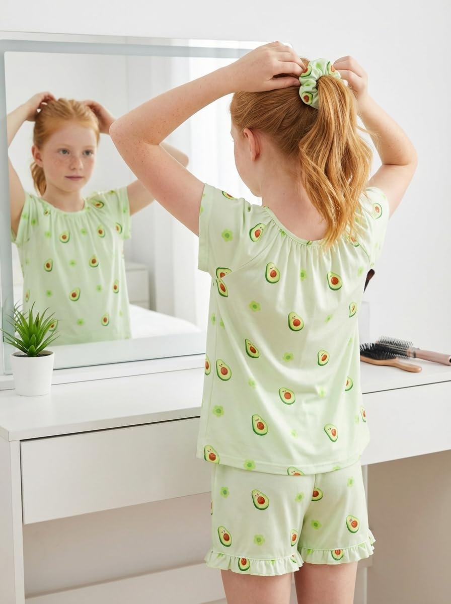 JiAmy Pigiama estivo da bambina, 3 pezzi, top a maniche corte e pantaloncini con volant con elastico carino stampato per bambini, set da notte per bambini dai 4 ai 14 anni