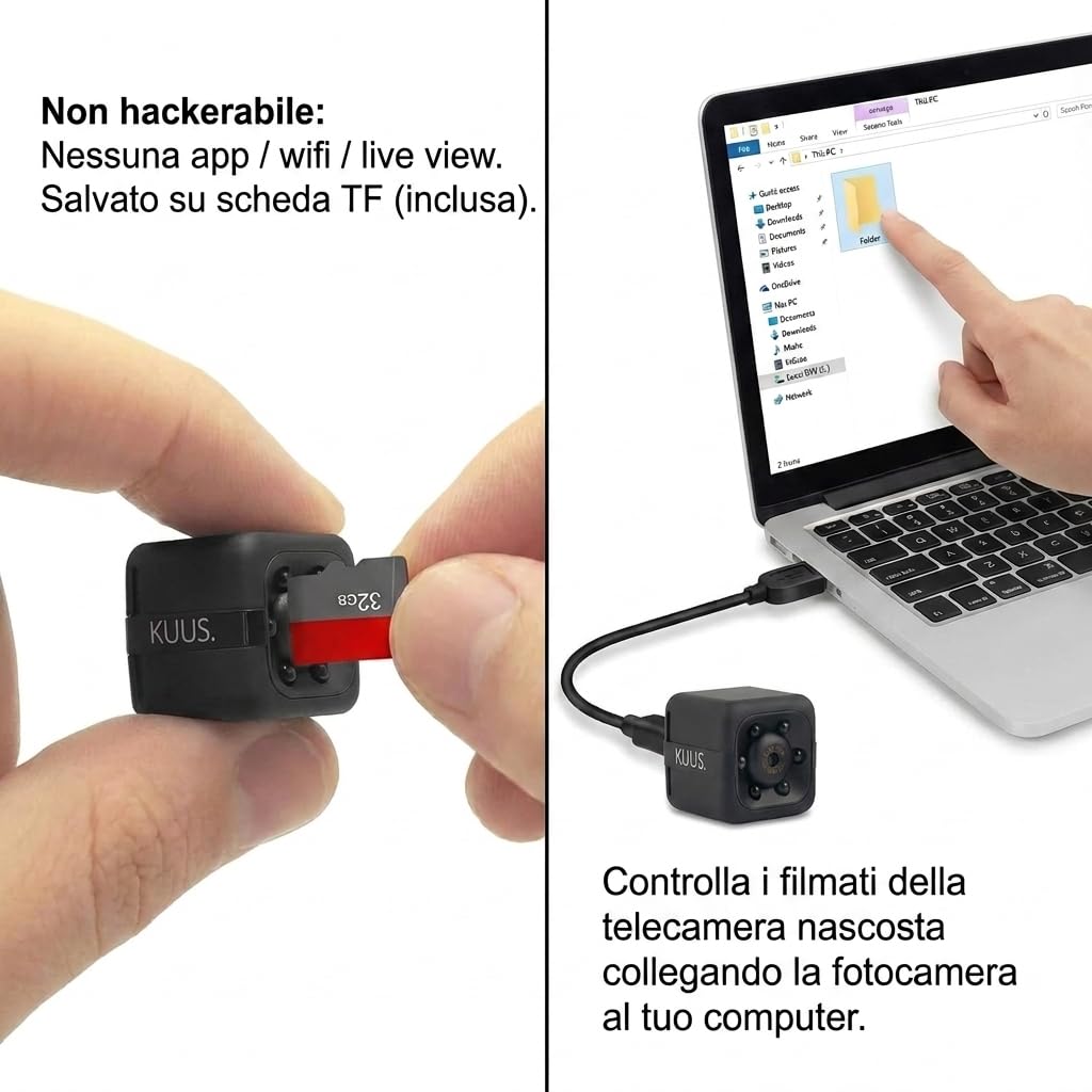 KUUS. C1 Mini Telecamera Spia Nascosta Più Piccola Europa 2,3cm Senza WiFi Full HD 1080P, Visione Notturna, Rilevamento Movimento, SD 32 GB Class 10 U3 Inclusa