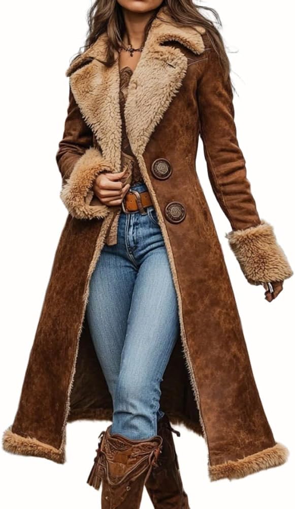 chouyatou Women's Faux Suede Sherpa Lined Midi Long Jacket Fleece Notch Lapel Winter Trench Coat