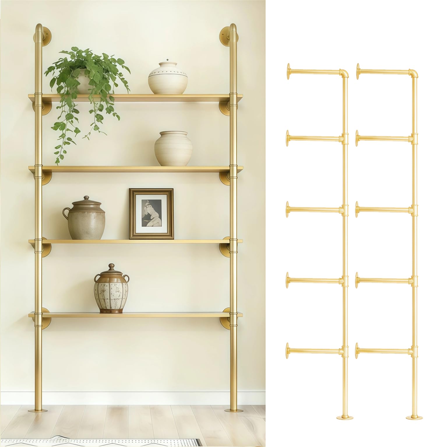 Goldene industrielle Wandhalterung, Eisenrohr-Regalhalterung, Retro-Bücherregal, Lagerregale, Deckenregale für Zuhause, Küche, Bad, Wohnzimmer, Büro (2 Stück x 5 Etagen, 172 cm hoch, 25,4 cm tief, nur