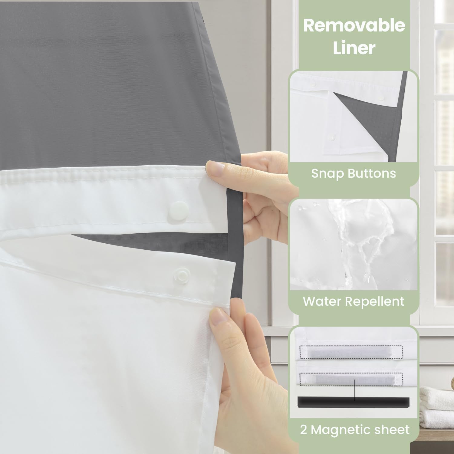 Inhousolu Long No Hook Shower Curtain with Snap in Fabric Liner Set Waffle Weave 230GSM Weighted Hem, Waterproof & Washable Bathroom Curtain Spa Luxury with Mesh Top Window 72" W x 78" L Grey