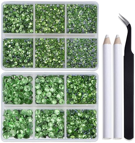 Image of Bymitel Hotfix Crystal Rhinestones Round Gems for Crafts,Mixed 6 Sizes with Wax Pencil Kit, Peridot 1.6-6.3mm SS4-SS30 /8000pcs