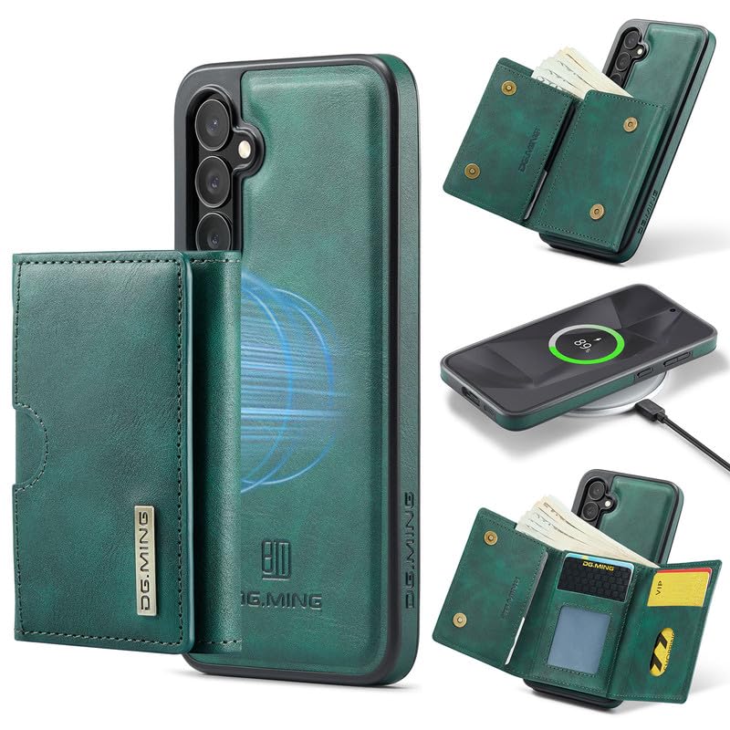 Étui en cuir magnétique 2 en 1 pour Samsung S24+ portefeuille RFID et charge sans fil vert