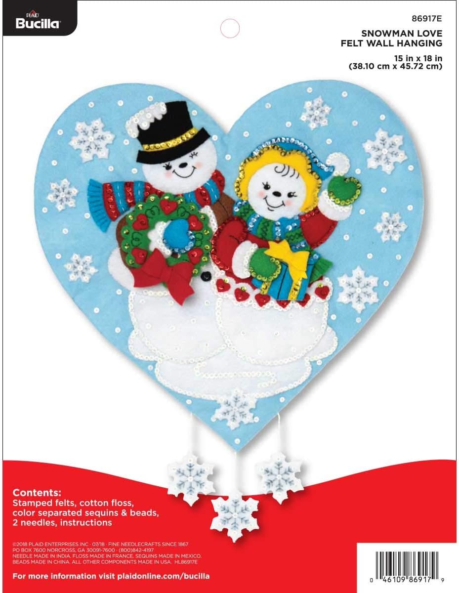 Bucilla 86917E Felt Applique Wall Hanging Kit, 15"X18", Snowman Love