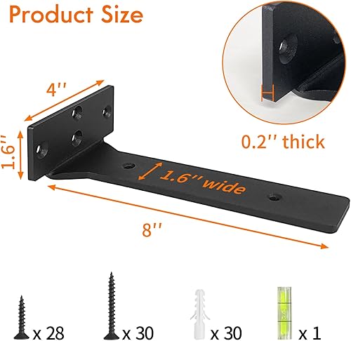 Miniatura 2 de Soportes de estante flotantes, soporte industrial resistente de 8 pulgadas, soportes en L de metal negro para estantes, soporte de bricolaje con