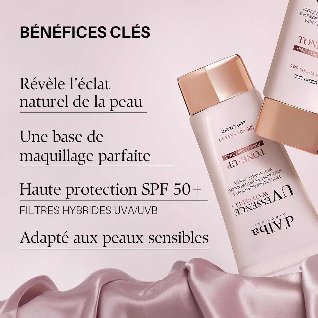 d'alba Piedmont Truffe Blanche Waterfull Pink Tone-up Sunscreen (50ml x2) | SPF 50+ PA++++, Filtres UV hybrides véganes, Effet éclat & illumination, Soin coréen
