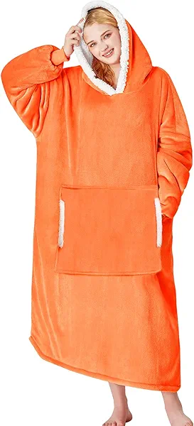 yescool Wearable Blanket Hoodie - birthday gifts for Adults/Women/mom, Flannel Cozy Sherpa Fleece Blanket Sweatshirt with Hood, Pocket & Sleeves, Large, One Size Fits All (Orange)
