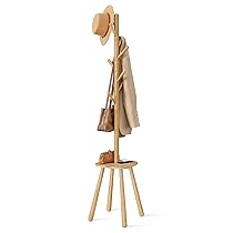 VASAGLE Attaccapanni da Terra, Appendiabiti da Terra, con 8 Ganci e Piano Portaoggetti, Alto 170,5 cm, per Cappotti Cappelli Borse, Ingresso Corridoio Camera da Letto, Beige Naturale RCR033N01