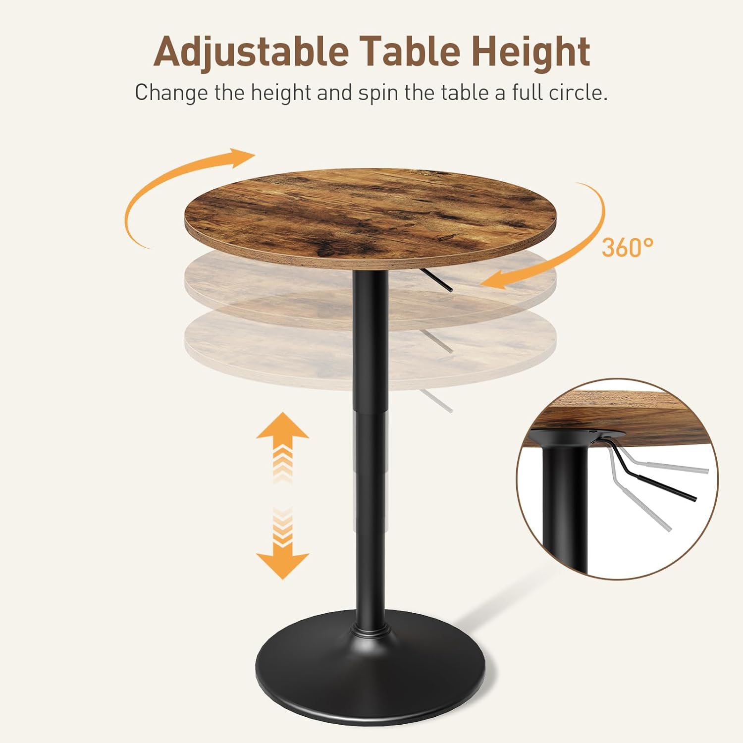 Bar Table, Round Bar Table Set of 4, Bistro Table Cocktail Table, Height-Adjustable Pub Table 27-35.4 Inches with Sturdy Metal Base, Easy to Assemble, for Small Space, Rustic and Black